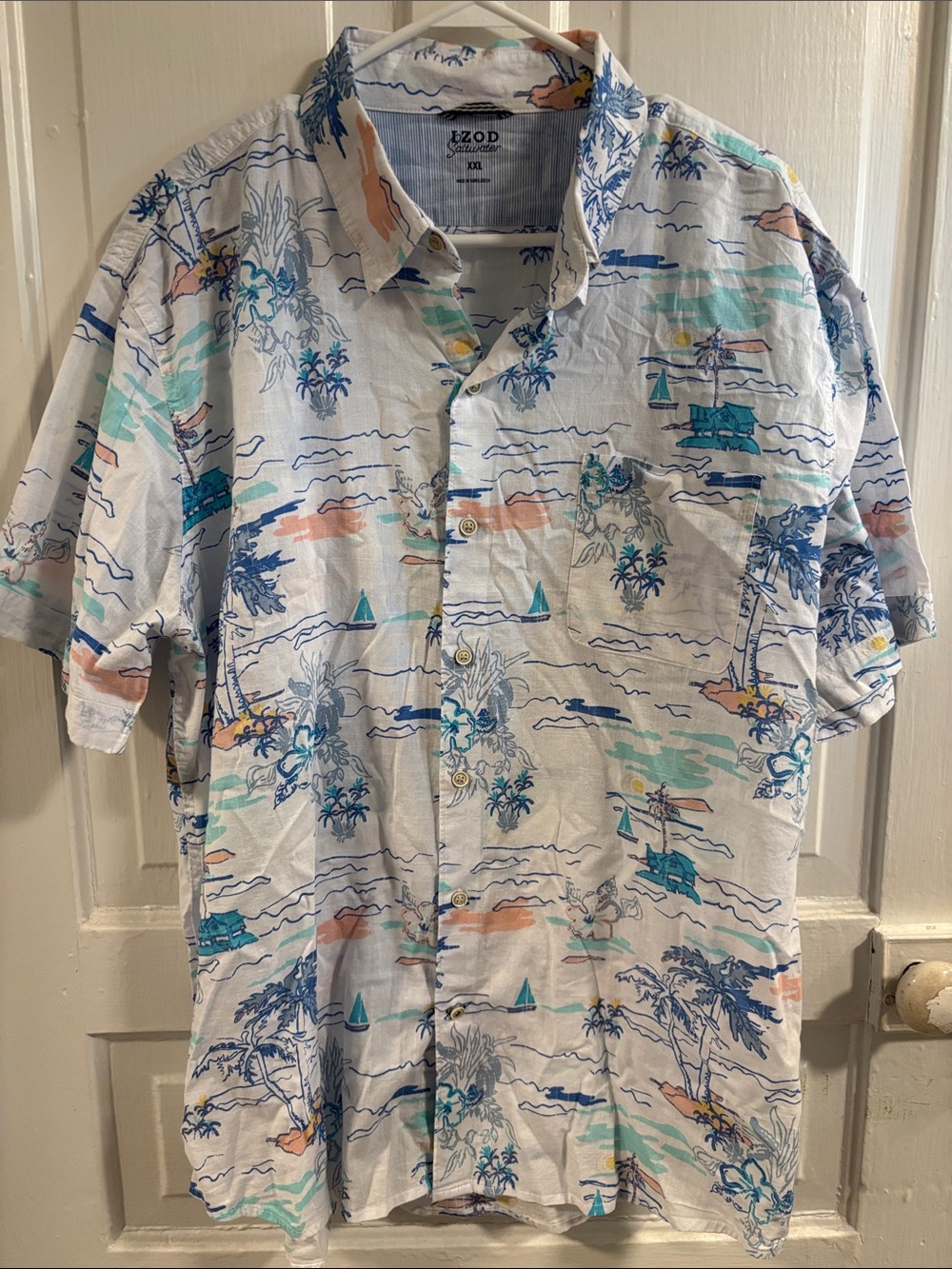 IZOD Saltwater Men’s Short-Sleeve Tropical Print Shirt - White/Blue Size XXL